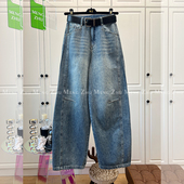 牛仔裤 高端欧韩2025新款 宽松百搭配腰带渐变水洗拼接弯刀卫裤 女春