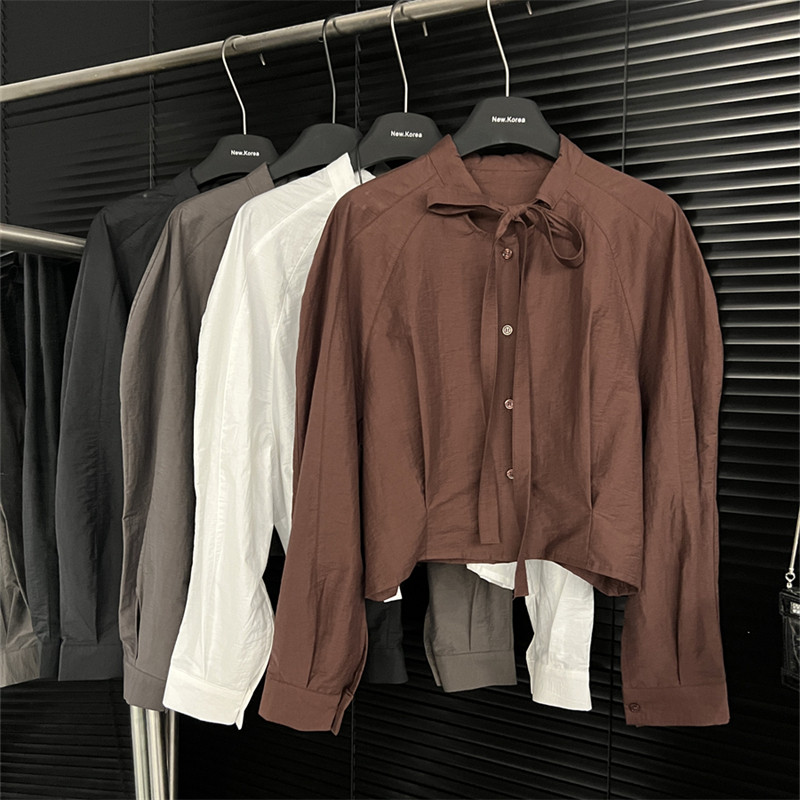 高端现货2024年秋季新款小衫领口系带结单排扣长袖短款衬衫女上衣,女装/女士精品,衬衫,淘宝优惠券,粉丝福利购,淘宝优惠卷