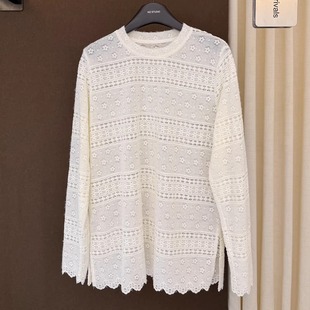 高端欧货冬季新款圆领钩花镂空蕾丝长袖侧开叉磨毛打底T恤女上衣