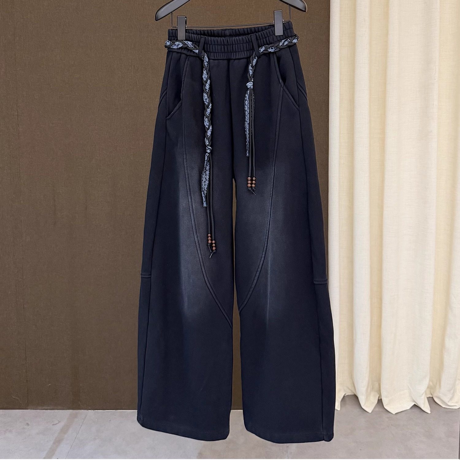 高端欧货冬季新款高腰丝巾绑带渐变水洗休闲阔腿直筒裤女加绒卫裤