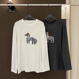 高端欧货冬季新款高级感巨好看的卡通印花钉珠斑马磨毛打底T恤女