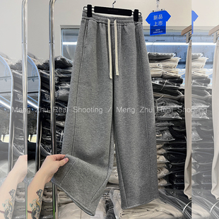女加绒卫裤 松紧高腰绑带休闲阔腿磨毛直筒裤 新款 高端欧韩2024冬季