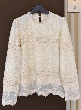 高端欧货新款钩花镂空蕾丝花边圆领叠穿长袖打底套头衬衫女冬上衣
