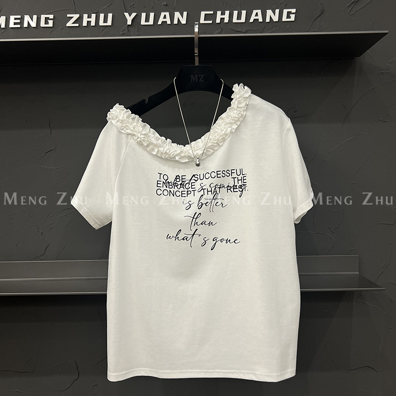 高端欧货夏季新款木耳边拼接领口露肩设计印花字母短袖T恤女上衣,女装/女士精品,T恤,淘宝优惠券,粉丝福利购,淘宝优惠卷