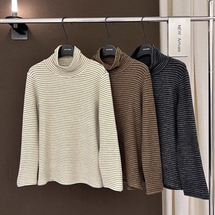 高端欧货冬季新款高级感巨好看的上衣高领条纹长袖磨毛打底T恤女