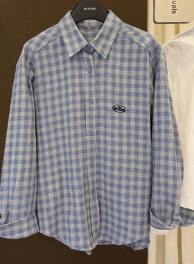 高端欧货冬季新款翻领单排扣刺绣字母格纹长袖磨毛衬衫外套女上衣