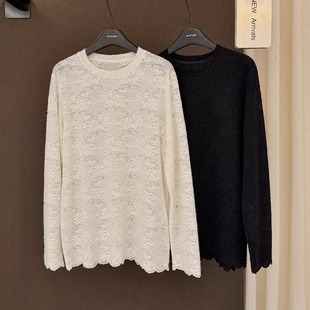 高端欧货冬季新款高级感巨好看的圆领蕾丝钩花长袖磨毛打底T恤女