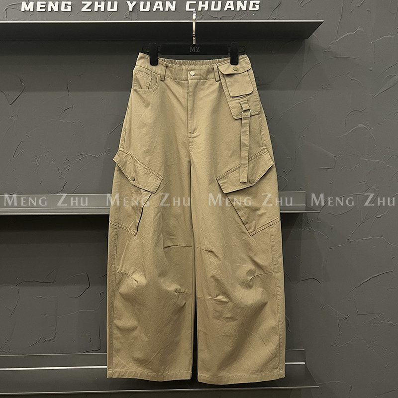 高端欧货2025新款半松紧高腰休闲宽松多口袋阔腿工装裤女秋直筒裤,女装/女士精品,休闲裤,淘宝优惠券,粉丝福利购,淘宝优惠卷