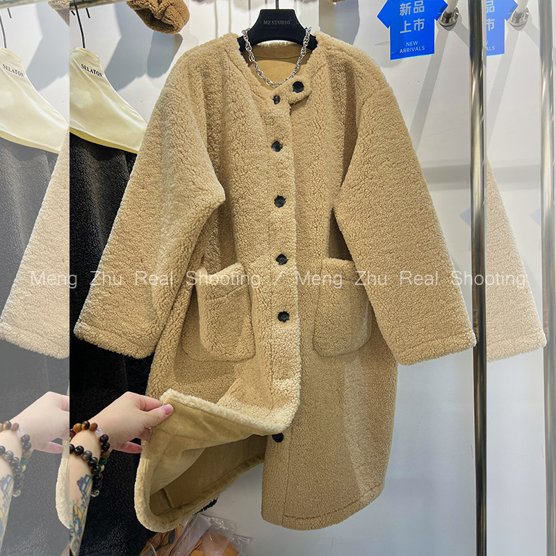 高端现货2024新款皮毛一体拼接大衣休闲宽松中长款羊羔毛外套女冬,女装/女士精品,短外套,淘宝优惠券,粉丝福利购,淘宝优惠卷