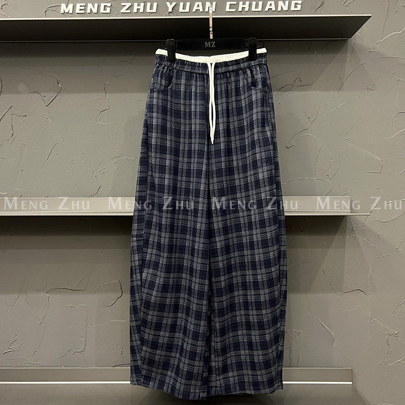 高端欧货秋季新款高级感巨好看的休闲高腰绑带格纹阔腿直筒裤女