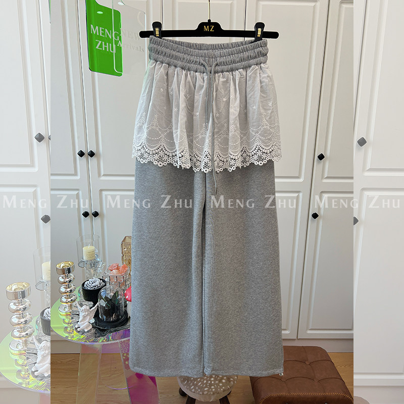 高端欧韩2025春季新款小众蕾丝钩花拼接屁帘休闲阔腿直筒裤女卫裤,女装/女士精品,休闲裤,淘宝优惠券,粉丝福利购,淘宝优惠卷