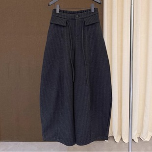 高端欧货新款半松紧高腰独特别致条纹休闲阔腿弯刀裤女冬加绒卫裤