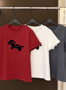 高端欧货新款明线设计圆领毛巾刺绣卡通内搭打底短袖T恤女冬上衣