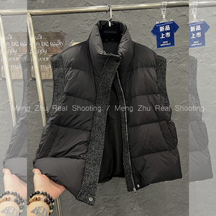 高端现货2025冬季新款坎肩无袖90白鸭绒外套呢料拼接羽绒服马甲女