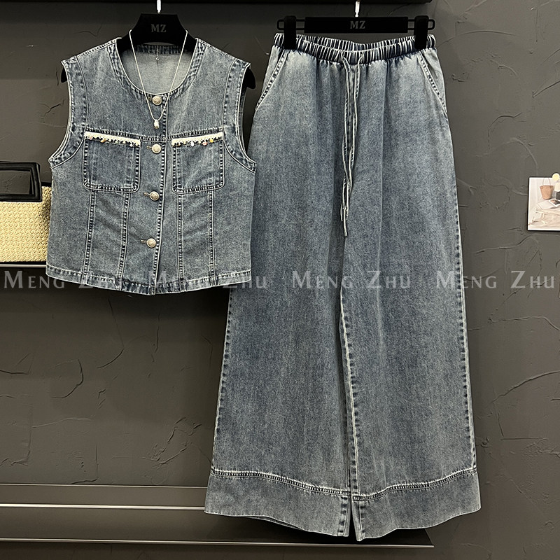 高端欧韩2025新款牛仔马甲休闲阔腿直筒裤时尚牛仔套装女夏两件套,女装/女士精品,时尚套装,淘宝优惠券,粉丝福利购,淘宝优惠卷