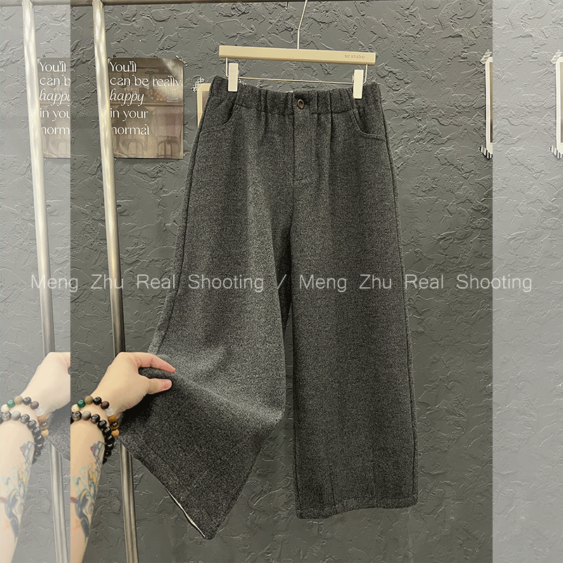 高端现货2024年冬季新款简约松紧高腰呢料休闲阔腿直筒裤女奶奶裤,女装/女士精品,休闲裤,淘宝优惠券,粉丝福利购,淘宝优惠卷