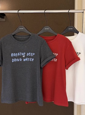 高端欧货冬季新款巨好看的圆领刺绣字母磨毛短袖T恤女打底上衣