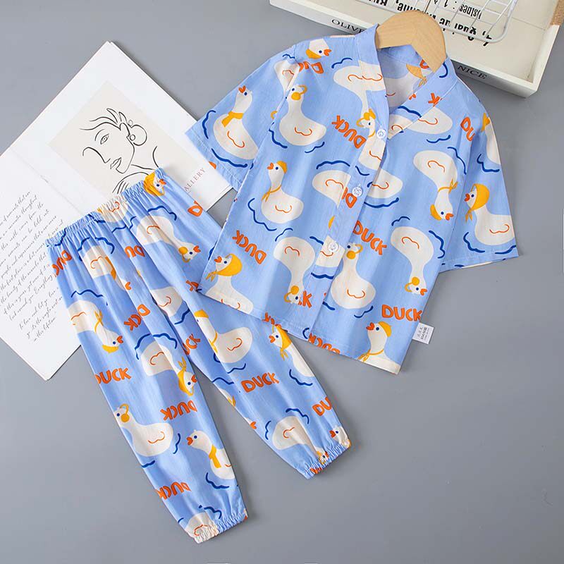 夏季儿童棉绸睡衣女童男童女孩绵绸家居服套装宝宝薄款人造棉大童