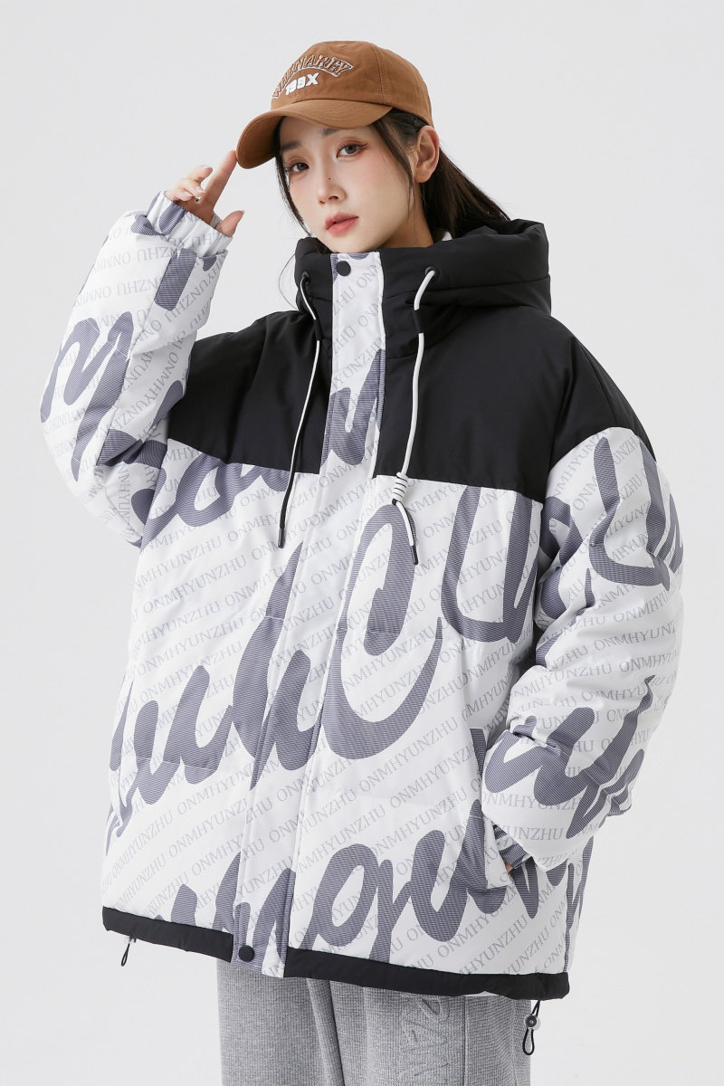 情侣大码90%标羽绒服女连帽潮美式休闲2024冬拼接宽松YR72P298,女装羽绒服,电商A222A