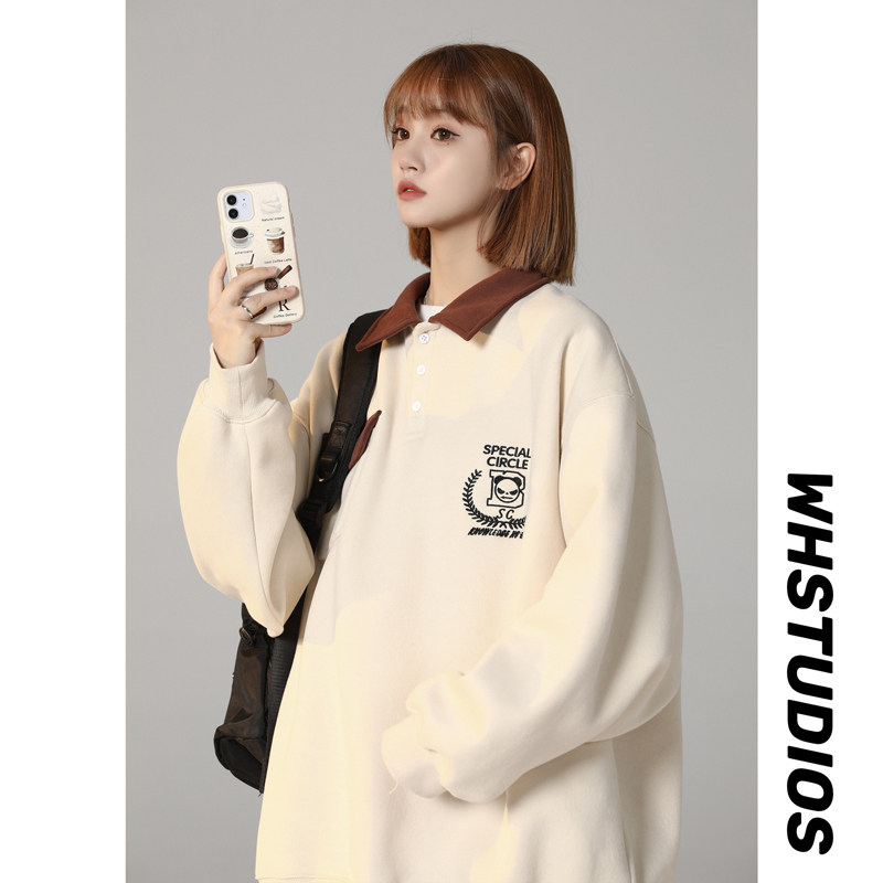 美式潮流ins中性2024秋冬宽松休闲拼色刺绣卫衣女打底情侣Y993P65图片