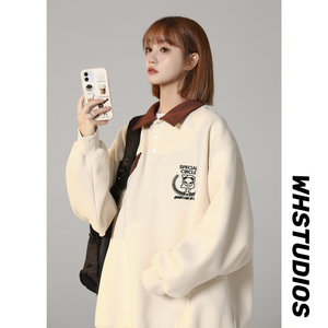 美式潮流ins中性2024秋冬宽松休闲拼色刺绣卫衣女打底情侣Y993P65图片