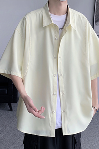 11色选美式休闲2024夏季新宽松纯色短袖衬衫男情侣大码Y461P35特图片
