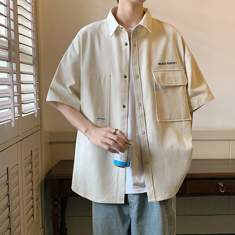 工装短袖衬衫男生夏季薄款2025新款痞帅叠穿潮牌宽松中袖衬衣外套,男装衬衫,电商A222A