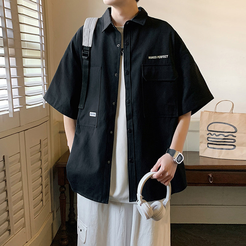 工装短袖衬衫男生夏季薄款2025新款痞帅叠穿潮牌宽松中袖衬衣外套图片