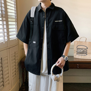 工装短袖衬衫男生夏季薄款2025新款痞帅叠穿潮牌宽松中袖衬衣外套图片