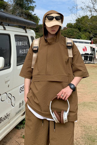 潮流连帽短袖T短裤套装2024夏季新oversize美式高街宽松Y417P75套图片