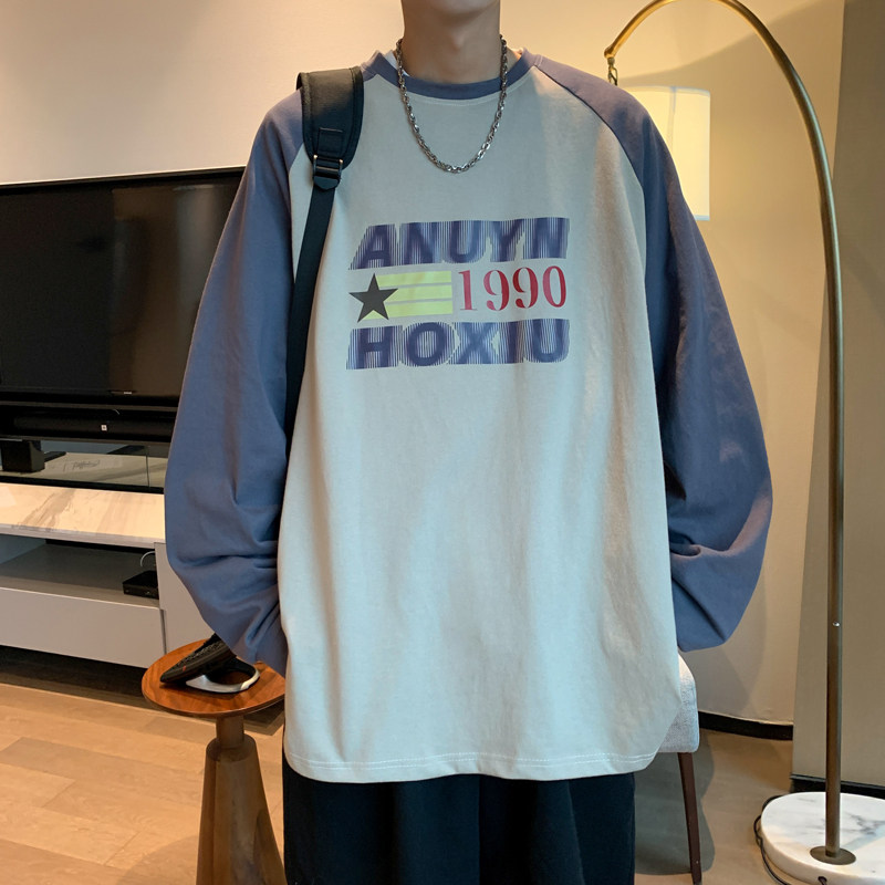 ins港风2023春季新宽松拼接美式潮流长袖T恤男打底Y207P45,男装T恤,电商A222A