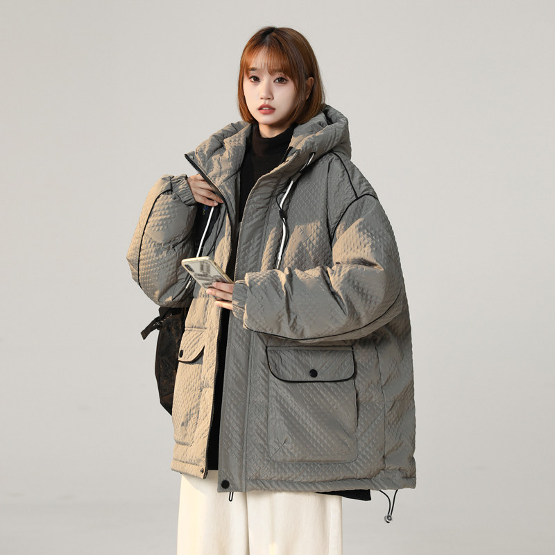 90%标中性2024冬宽松华夫格潮流羽绒服女连帽大码YR11P298，女装羽绒服，电商A222A