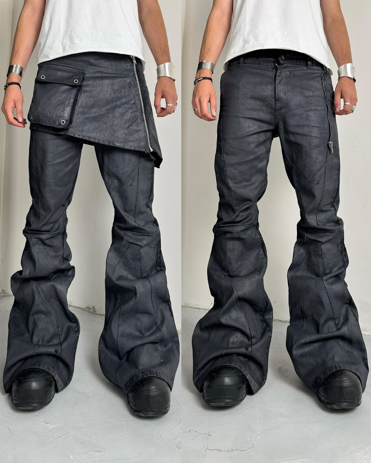 thumbnail for BLACK K SHINELUXURY HAKAMA SKIRT FLARED DARK PIONEER VISUAL COATED JEANS