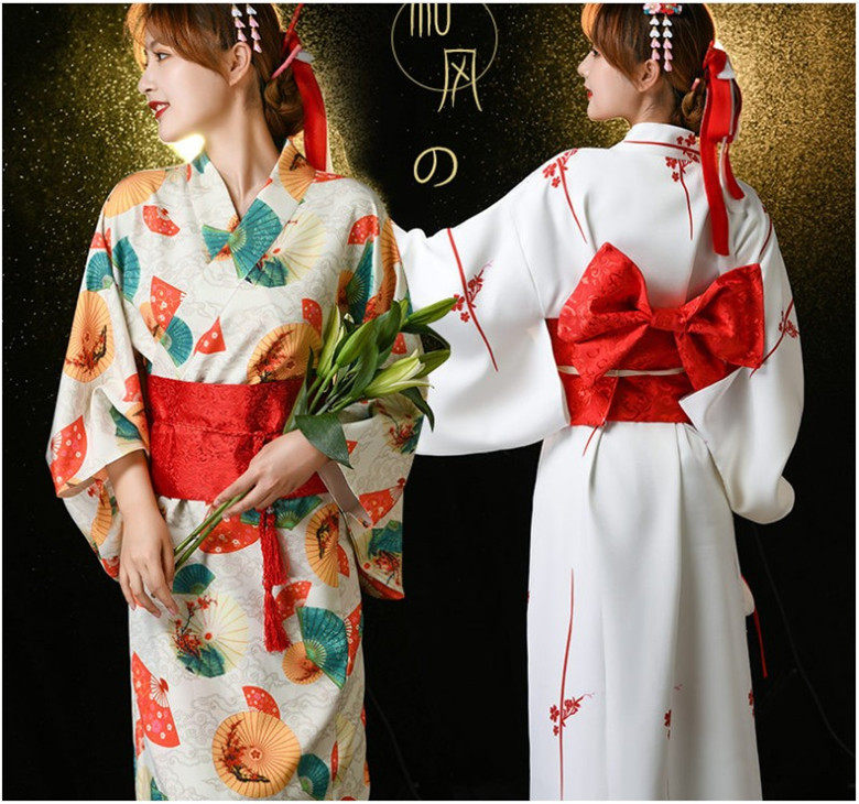 热卖古装服装日本和服浴衣女士浴袍仿真丝印花多色cosplay大袖口