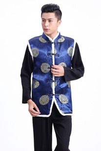 中式 秋冬工作服上衣棉马甲男士 加棉背心红色蓝色 酒店茶楼唐装 新款
