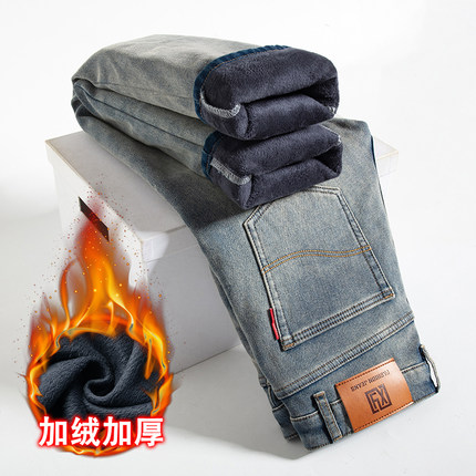 冬季加厚加绒牛仔裤男复古休闲百搭修身直筒弹力保暖长裤子秋冬款