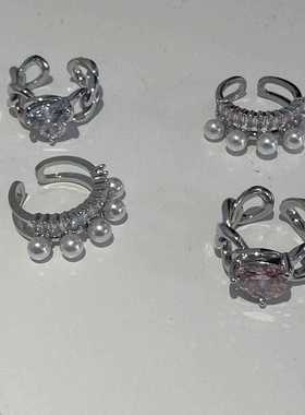 SCANDIUM小众设计爱心锆石珍珠皇冠戒指套组日韩粉色珍珠桃心戒指