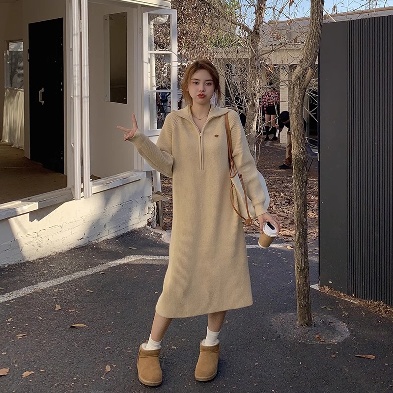 慵懒中长款过膝针织连衣裙