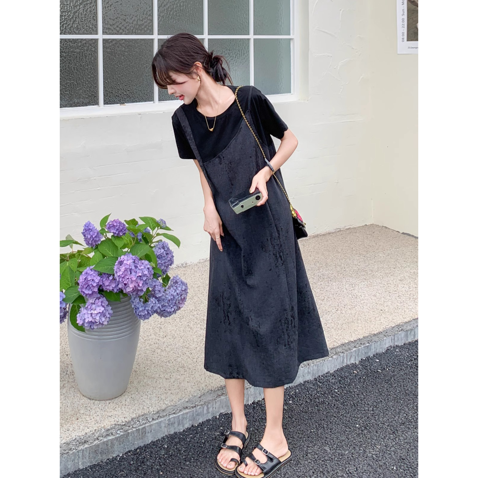 法式拼接假两件连衣裙女2024年夏季新款设计感气质显瘦遮肉T恤裙