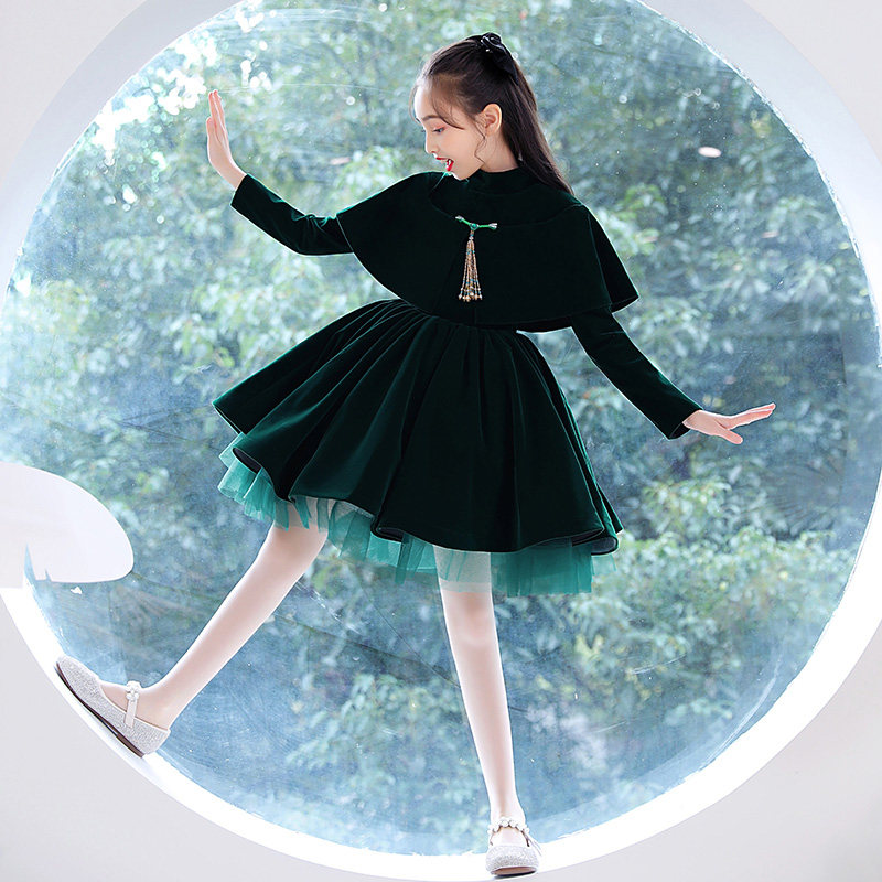 女童晚礼服儿童公主裙生日婚纱长袖洋气花童高端走秀钢琴演出服冬