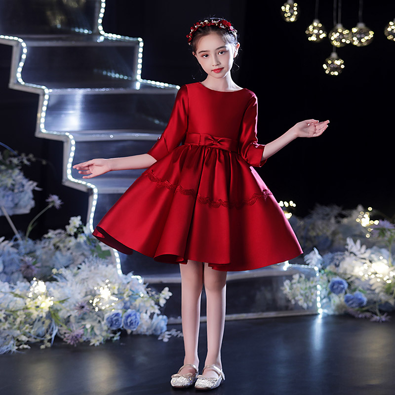 儿童晚礼服公主裙女童模高端走秀小孩婚纱花童钢琴演出服红色秋冬