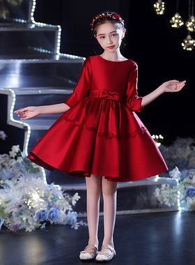 儿童晚礼服公主裙女童模高端走秀小孩婚纱花童钢琴演出服红色秋冬