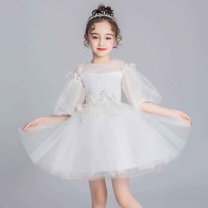 儿童礼服公主裙女童蓬蓬纱白色花童婚纱小女孩主持人钢琴演出服冬