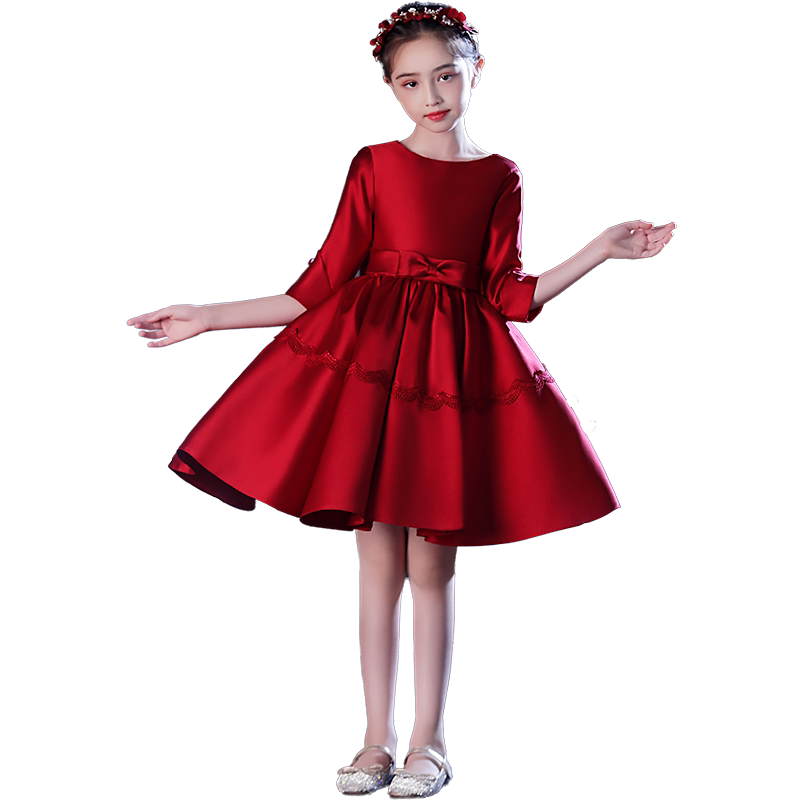 儿童晚礼服公主裙女童模高端走秀小孩婚纱花童钢琴演出服红色轻奢