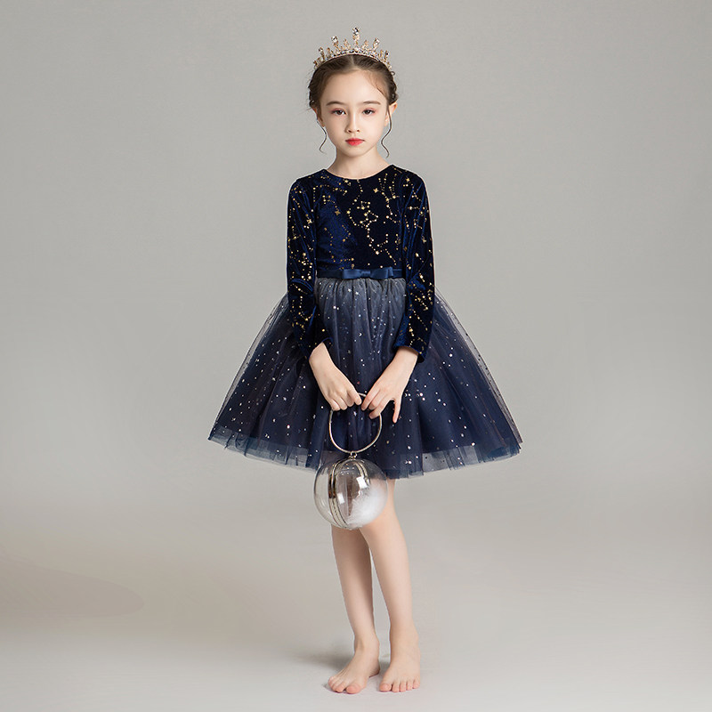 女童晚礼服儿童公主裙小孩花童婚纱长袖款钢琴演出服冬装加绒加厚