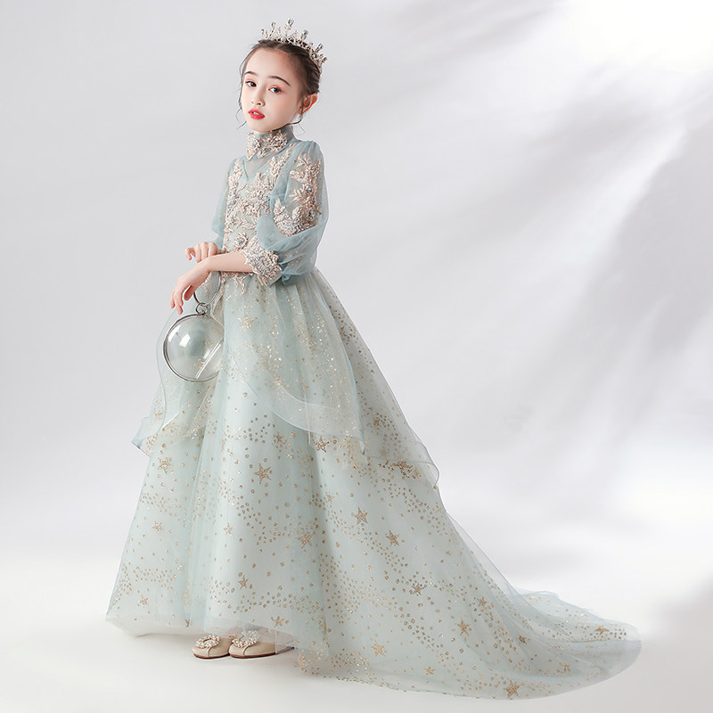 儿童晚礼服花童公主裙女童蓬蓬纱超长婚纱拖尾高端钢琴演出服走秀