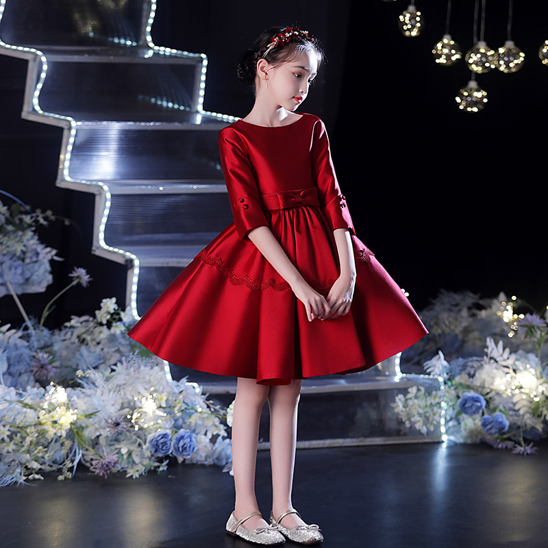儿童晚礼服公主裙女童模高端走秀小孩婚纱花童钢琴演出服红色秋冬