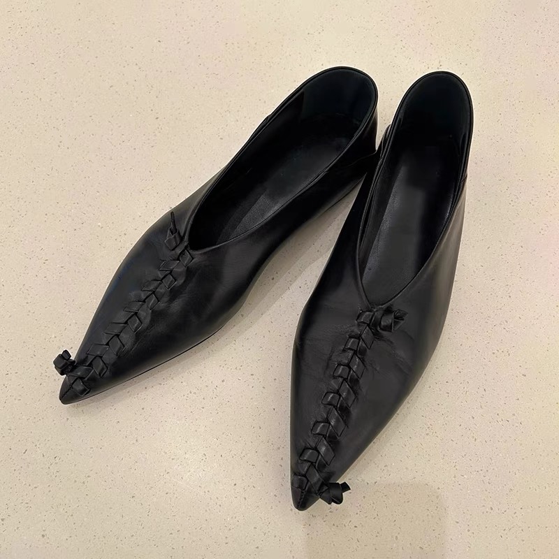 2025新款韩版尖头绑带一脚蹬单鞋女真皮平底编织穆勒鞋百搭小皮鞋