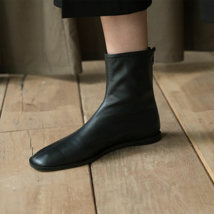2025秋冬新款 后拉链短靴百搭平底瘦瘦靴裸靴单靴马丁靴女 真皮韩版