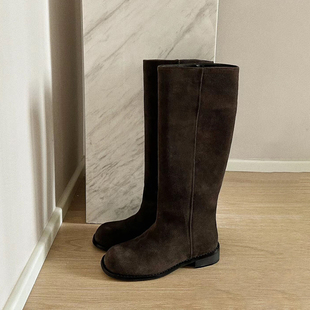 2025秋冬新款 复古烟囱靴真皮百搭粗跟马丁靴不过膝高筒靴长靴 韩版